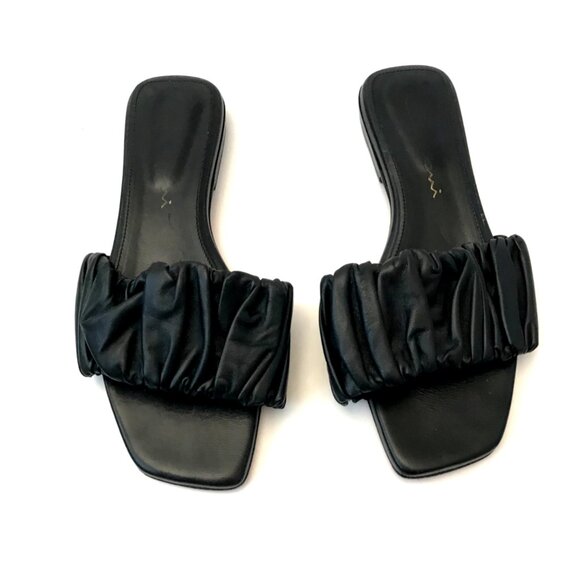 Santoni Ruched Allonge Leather Flat Sandals Womens 36 6 Black Slip On Open Toe - Picture 2 of 13